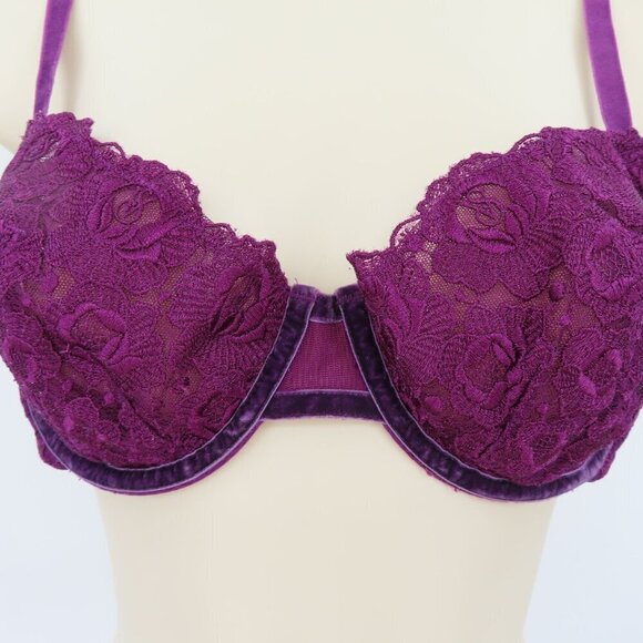Victorias Secret 36C Bra Very Sexy Push Up Purple Lace Velvet Underwired Unlined - Picture 4 of 15